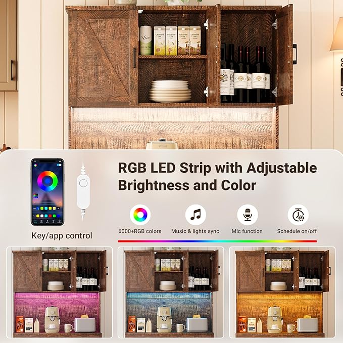 ELYKEN 71" Tall Ktchen Pantry Cabinet with Charging Station & LED Lights, Farmhouse Kitchen Hutch Cabinet with Microwave Stand & Large Countertop for Dining Room Living Room, Brown