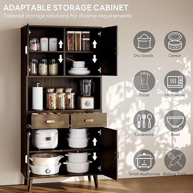 LIKIMIO 71.6" Mid-Century Kitchen Pantry Storage Cabinet, 3 Adjustable Shelves, 2 Drawers, 4 Line Grooved Doors, Elegant Solid Legs, Tall Kitchen Cupboard Hutch for Dining -Room, Living-Room, Walnut