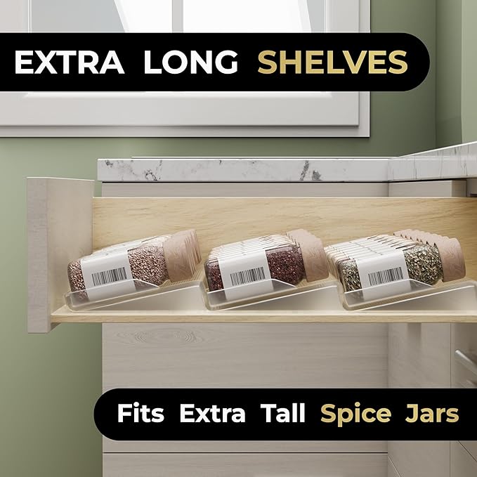 LEVANI Spice Drawer Organizer ??3 Large Tiers, Anti-Slip Grips, Narrow to Standard Drawer Size - Expandable from 8 ??15 inches Wide, Clear Durable Acrylic Spice Rack, No Sliding in Kitchen Drawers