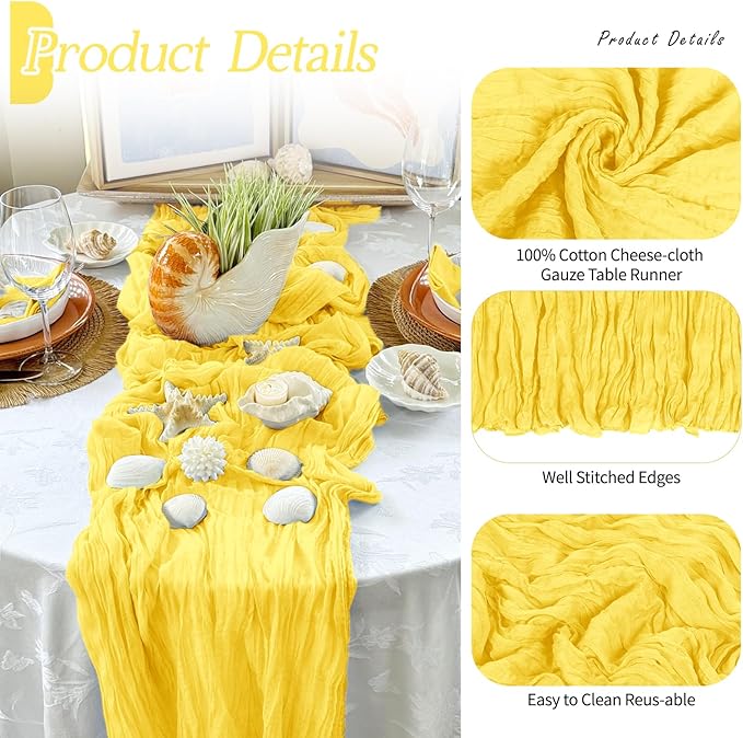 RealBox 6 Pack Lemon Yellow Cheesecloth Table Runner 17x108 Inch Semi Sheer Boho Gauze Cheese Cloth Fabric Table Runners Table Decor for Wedding Party Baby Shower Birthday Home Decor Garden Farmhouse