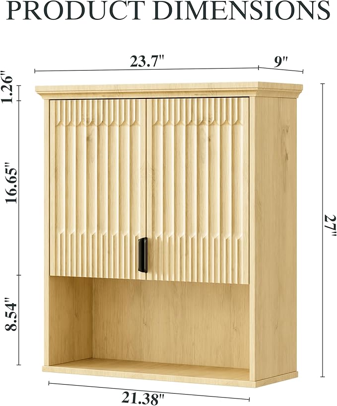 FLOWBACK Bathroom Wall Cabinet Over The Toilet Storage, 23.5횞31.4 Inch Wall Mounted Medicine Cabinet with Adjustable Shelf and Door, Natural Wood Storage Cabinet for Laundry Room, Bedroom Kitchen