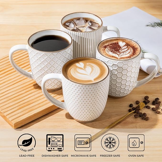 GBhome Large Coffee Mugs Set of 6, 16oz Handmade Embossed Coffee Mugs Set with Large Handle for Cappuccino/Latte/Tea/Hot Cocoa, Dishwasher & Microwave Safe, Off White