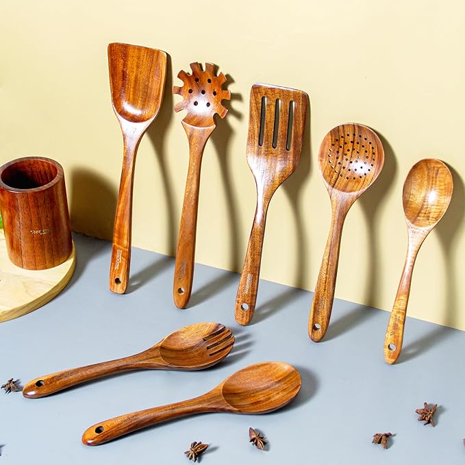 Wooden Spoons for Cooking Utensils Set - 9 Pcs Natural Teak Wooden Kitchen Utensils Set - Non-Stick Cooking Wooden Spoon with Holder, Wooden Spatula, Spoon Rest & 6 Hooks