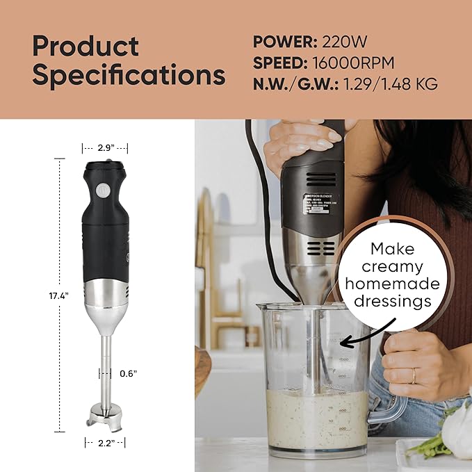 Handheld Immersion Blender 220W - 7??Stainless Steel with 8 Speeds - 110V + 1-Yr Coverage and 24/7 Pro Chef Support