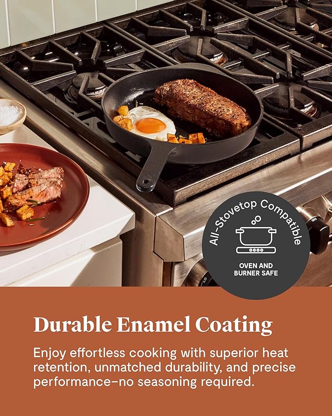 Caraway Cast Iron Skillet - 10.5??Enameled Cast Iron Pan With 3 Layer Enamel Coating - No Seasoning Required - Compatible With All Stovetops - Free From Forever Chemicals - Cream