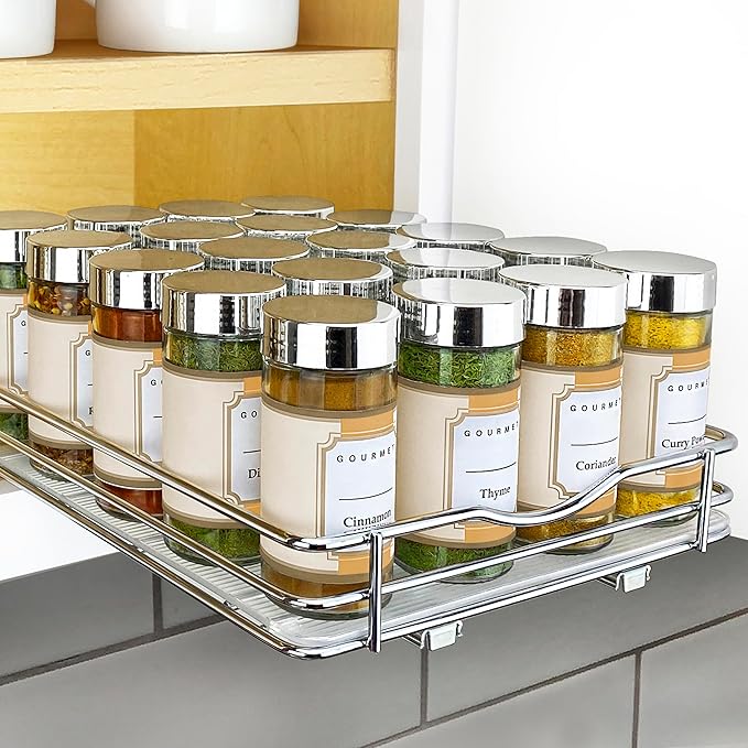 LYNK PROFESSIONAL짰 Pull Out Spice Rack Organizer for Inside Kitchen Cabinets - 8-3/8 inch Wide - Slide Out Drawer ??Chrome Sliding Spice Cabinet Organization Shelf Racks - 1 Tier