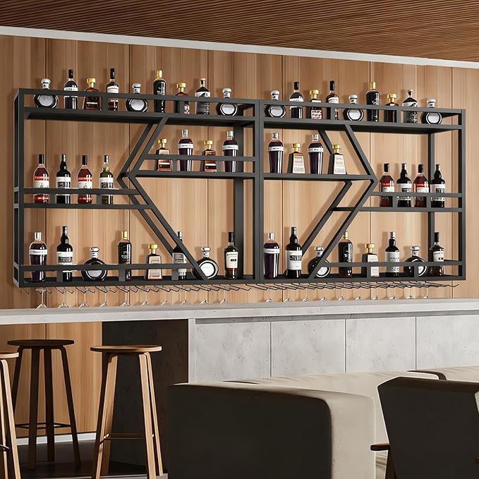 94.48in Metal Wine Rack Wall Mounted, Modern Wine Storage Rack Wall Mounted with Wine Glass Holder, Liquor Shelf, Bar Shelves for Liquor Bottles (3 Tiers Black, 94.48 * 7.87 * 33.85INCH)