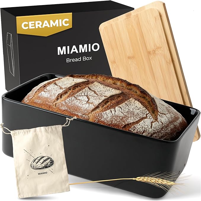 MIAMIO ??Bread Box for Kitchen Countertop/Ceramic Bread Box with Cutting Board, Bread Container with Bamboo Lid, 12.6 x 7.9 x 4.5 inches
