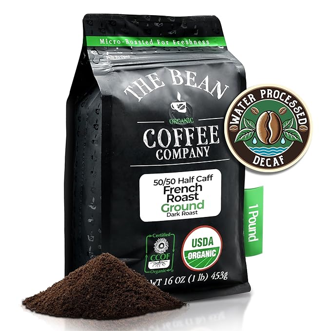 The Bean Organic Coffee Company 50/50 (Half Caff) French Roast, 50% Decaf, Dark Roast, Ground Coffee, 16-Ounce Bag, Caf챕 Molido Tostado Org찼nico descafeinado