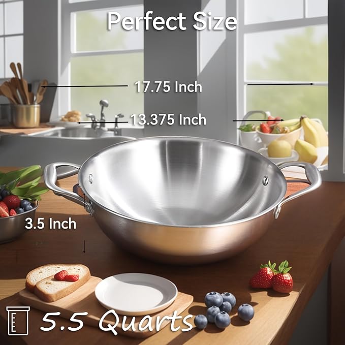 LOLYKITCH 13 Inch Tri-Ply Stainless Steel Wok Pan with Lid,5.5 Qt Induction Cooking Pot,Dishwasher and Oven Safe
