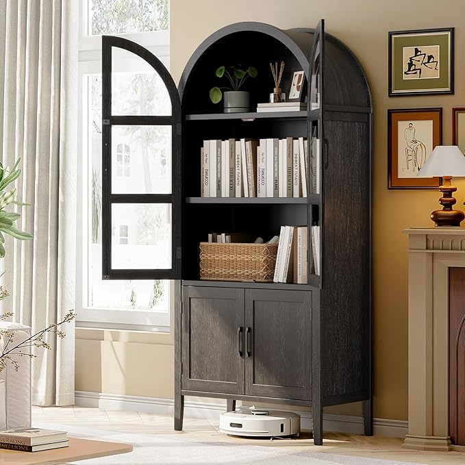 ONBRILL 71" Tall Arched Cabinet, 5-Tier Arched Kitchen Pantry with Glass Doors & Shelves, Modern Display Arch Cabinet with Adjustable Feet, Wooden Pantry for Living Room, Dining Room (Black)
