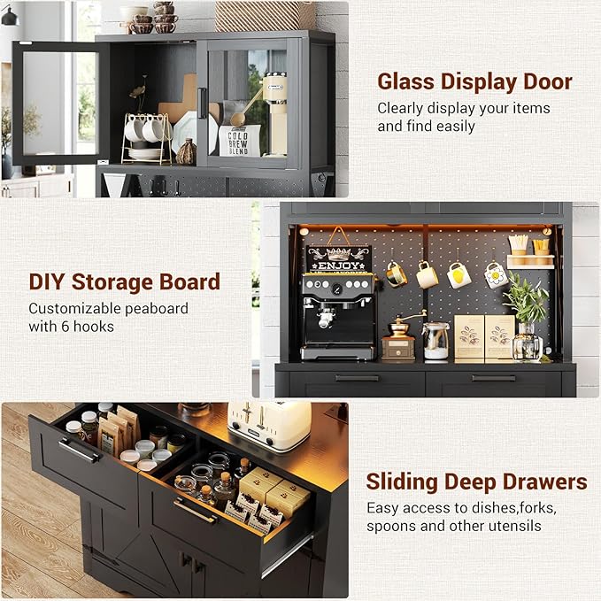 Unikito 71" Tall Kitchen Pantry Storage Cabinet with LED Light & Outlet, 63" Wide Kitchen Hutch Cabinet with Large Countertop, DIY Pegboard and Drawers, Farmhouse Food Pantry for Living Room, Black