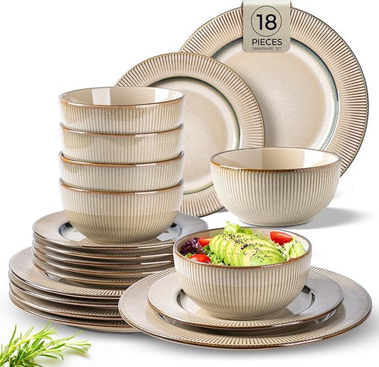 GBHOME Ceramic Dinnerware Sets, 18 Piece Embossed Elegant Stoneware Plates and Bowls Sets, Housewarming Wedding Gift | Dishwasher & Microwave Safe | Dishes Set Service for 6