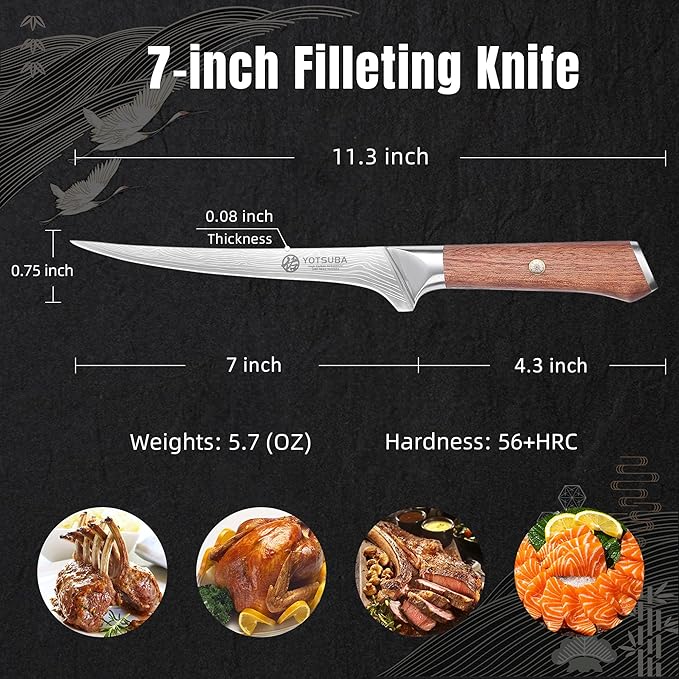 YOTSUBA Fillet Knife, 7 Inch Fish Knives for Filleting, Razor Sharp High Carbon Steel Boning Knife with Ergonomic Rosewood Handle, Ideal Gift for Family and Friends