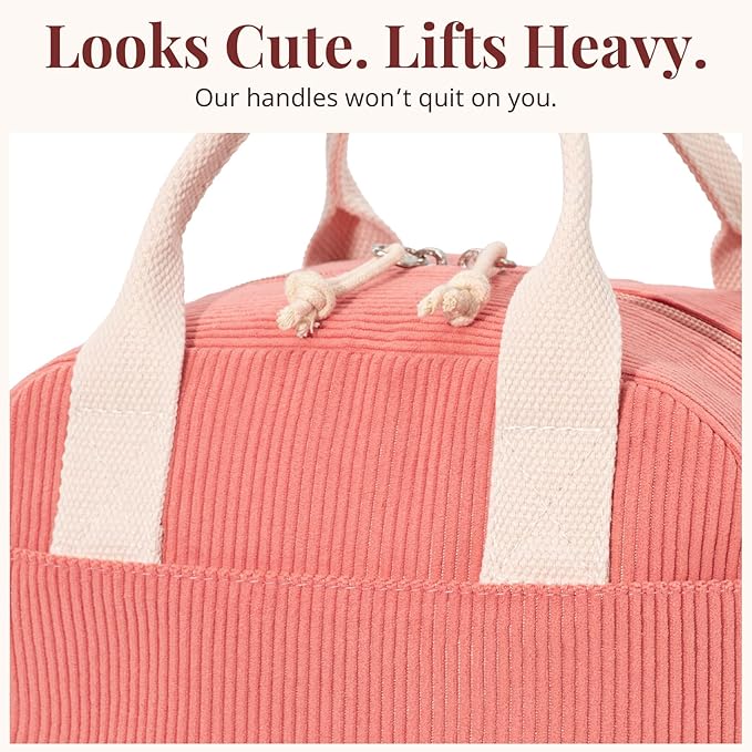 LOVELYWIND Insulated Lunch Bag for Women Men, Stylish Corduroy Tote Bag with Aluminum Lining, Large Capacity Reusable Cooler for Work, Travel, or Beach, Coral Pink Lunch Box