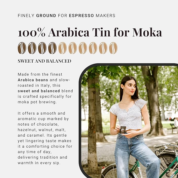 Caff챔 Vergnano Italian Finely Ground Espresso Coffee ??100% Arabica for Moka, Intensity Level 4 ??Sweet & Balanced Blend Slow Roasted with Notes of Chocolate, Hazelnut, Caramel, 8.82 oz Tin