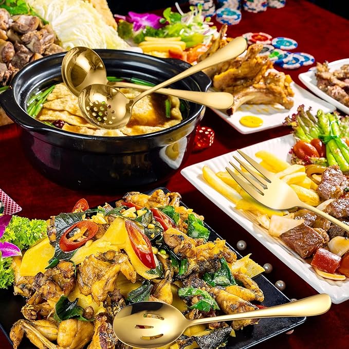 A쨌 HOUSEWARE Gold Kitchen Utensils Serving Set 10 Piece Catering Silverware Stainless Steel Flatware for Buffet Party include Tong Serving Spatula Skimmer Ladles Big Fork Cheese Knife Dessert Spoon
