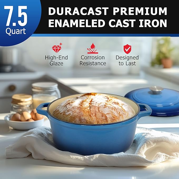 MUELLER HOME 7.5 QT Enameled Cast Iron Dutch Oven, Heavy-Duty Casserole Dish and Braiser Pan with Lid and Stainless Knob, Oven-Safe up to 500째 F & Across All Cooktops, Aqua Blue