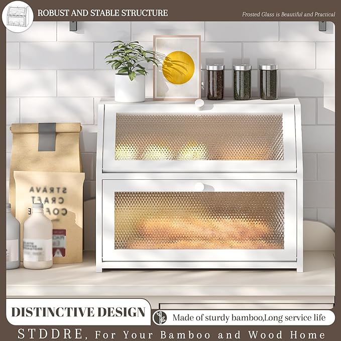 Bread Box for Kitchen Countertop Bin Double Layer Bread Box Storage Container Extra Large Capacity Farmhouse with Diamond Pattern Windows (White, Large)