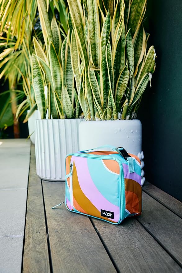PackIt짰 Freezable Classic Lunch Box, Retro Wave, Built with EcoFreeze짰 Technology, Fully Freezable, Collapsible, Reusable, With Zip Front Pocket and Buckle Handle, Designed for Fresh Lunch On the Go