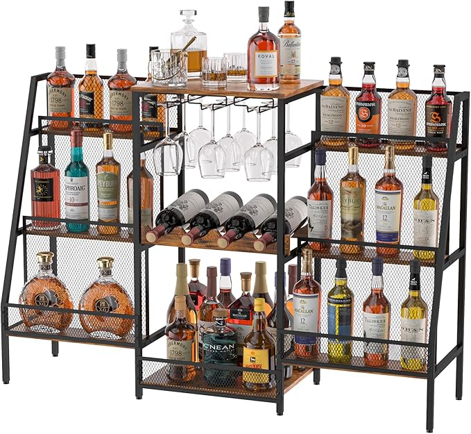 6-Tier (Safe Height for Kids & Pets) Freestanding Wine Rack with Glass Holders & Fences, Large Bar Cabinet for Home, Liquor Stand for Wine Bottles, Christmas & Holiday Party Wine Shelf