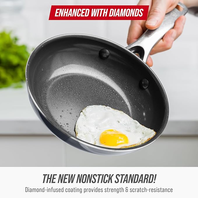 Blue Diamond Frying Pan 8??Skillet, Diamond Infused Healthy Ceramic Nonstick, PFAS and PFOA-Free, Dishwasher and Oven Safe, Even Heating, Metal Utensil Safe, Warp Control Base, Grey