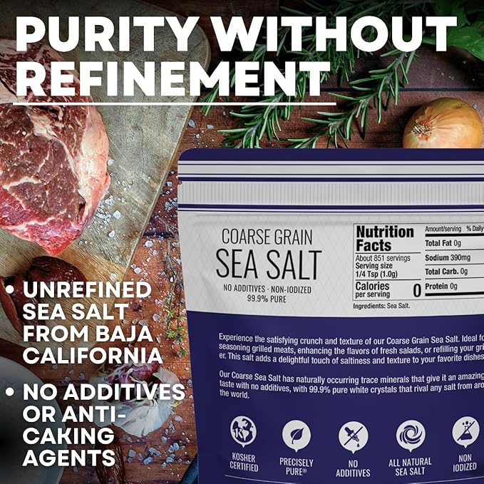 Sea Salt Superstore Coarse Sea for Grinder Refill, Coarse Grain Kosher, Non-Iodized for Cooking, Mineral-Rich Unrefined Baja Salt, 30 oz Bag