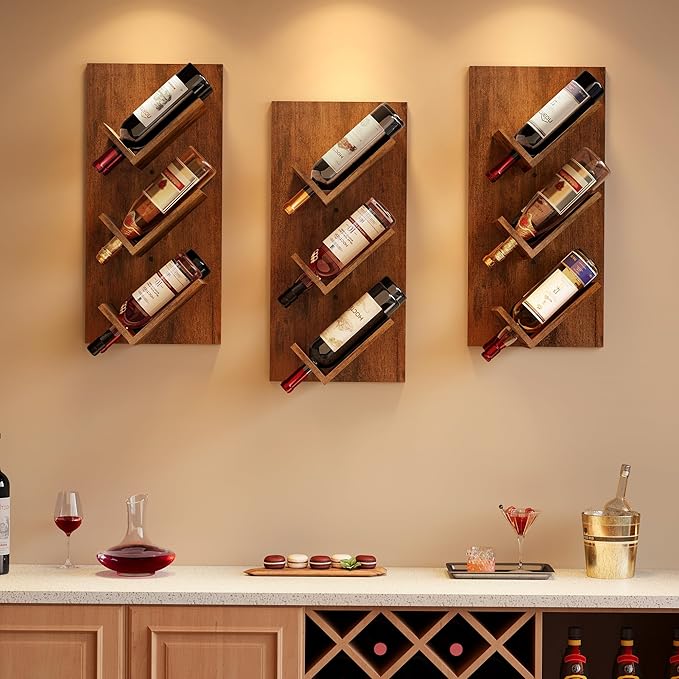Hoctieon Wine Rack Wall Mounted, 6 Bottles Hanging Wine Racks Bar Shelves for Display & Storage, Rustic Wood Wine Bottle Holder for Home Bar, Kitchen, Dining Room, Rustic Brown