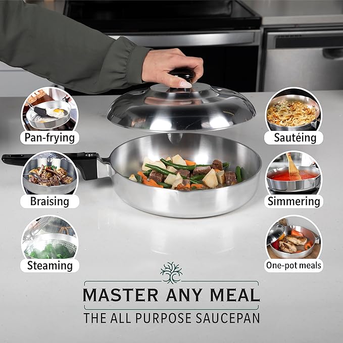 Cast Aluminum Saut챕 Pan with Lid 10 inch - Oven Safe Deep Frying Pan with Lid, Two Side Spouts and Ergonomic Stay-Cool Handle for Comfortable Grip and Pouring (3 Quart)
