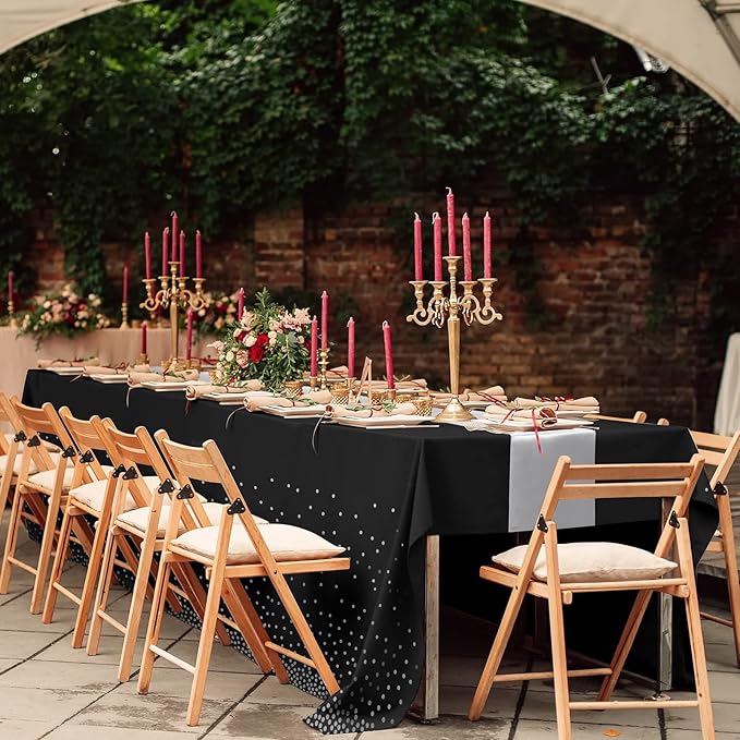 16Pack Disposable Plastic Tablecloths and Satin Table Runner Set Black and Silver Dot Tablecloth Silver Satin Table Runner for Wedding Birthday Baby Shower Anniversary Christmas New Year Party Supply