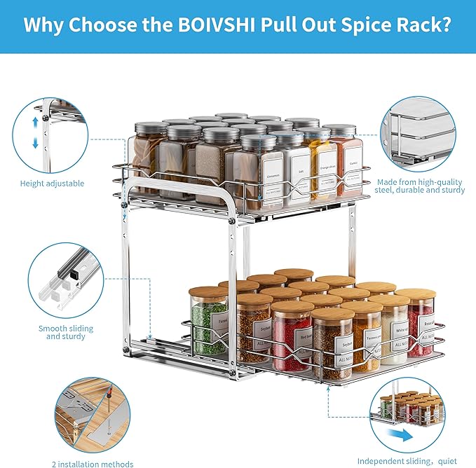 Pull Out Spice Rack, 2 Tier Spice Organization for Cabinet, Heavy Duty Spice Rack, 9-1/4 inch Wide - Spice Racks for Inside Cabinets, Kitchen, Pantry - Chrome, 9.25?쓂 x 10.39?쒭 x 9.76?쒱