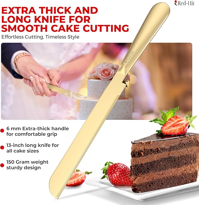 Elegant Gold Cake Knife and Server Set, Extra Thick Stainless Steel Cake Cutter and Cake Server with Bonus Forks & White Bows, Cake Cutting Set for Wedding, Birthday and Christmas Celebrations