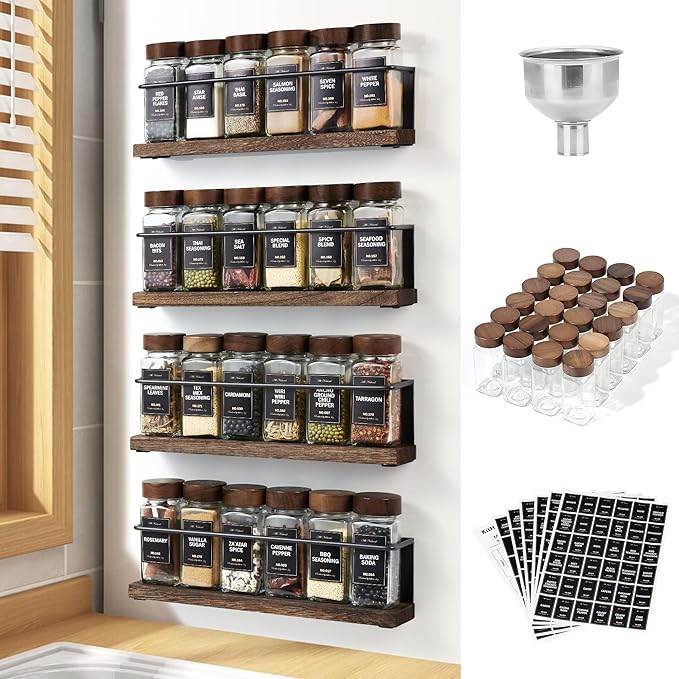 Wooden Lid Magnetic Spice Rack with 24 Jars, 216 Labels, 1 Steel Funnel for Refrigerator竊똌icrowave Oven - Full Set of Spice Organizer