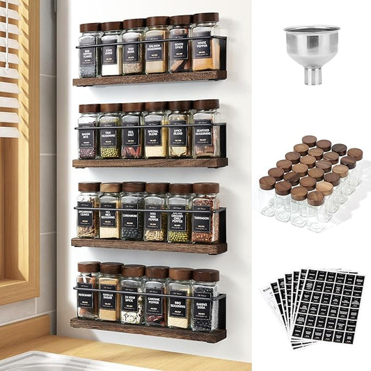 Wooden Lid Magnetic Spice Rack with 24 Jars, 216 Labels, 1 Steel Funnel for Refrigerator竊똌icrowave Oven - Full Set of Spice Organizer