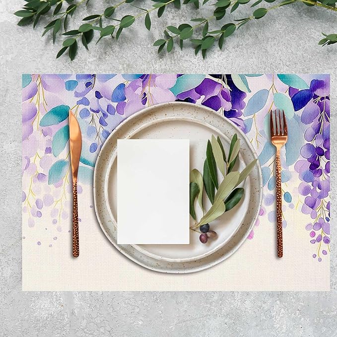 Jauageon Eucalyptus Leaves Placemat Set of 4 Spring Plants Placemats Purple Flowers Table Mats for Indoor Outdoor Home Party Kitchen Dining Decor Farmhouse Burlap Table Mats 12x18 Inch