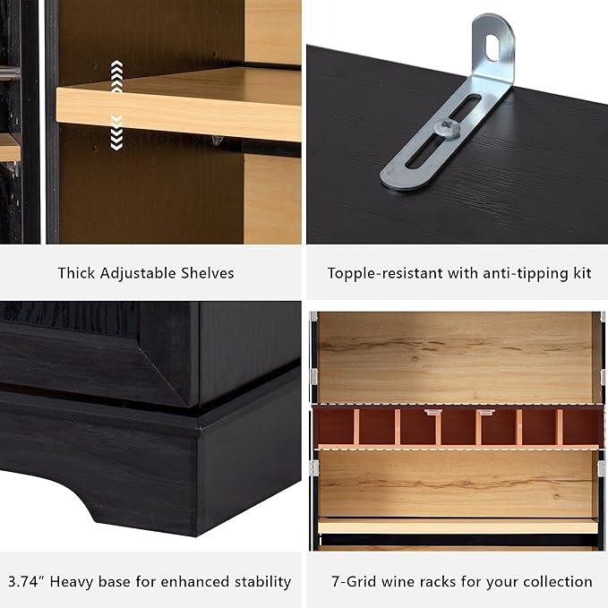 Merax 78.2" Tall Kitchen Pantry Storage Cabinet, Farmhouse Freestanding Large Cupboard with Hidden Drawer, Cabinet, 4 Adjustable Shelves, 8 Door-Shelf & 7 Wine Rack for Dining Room, Black