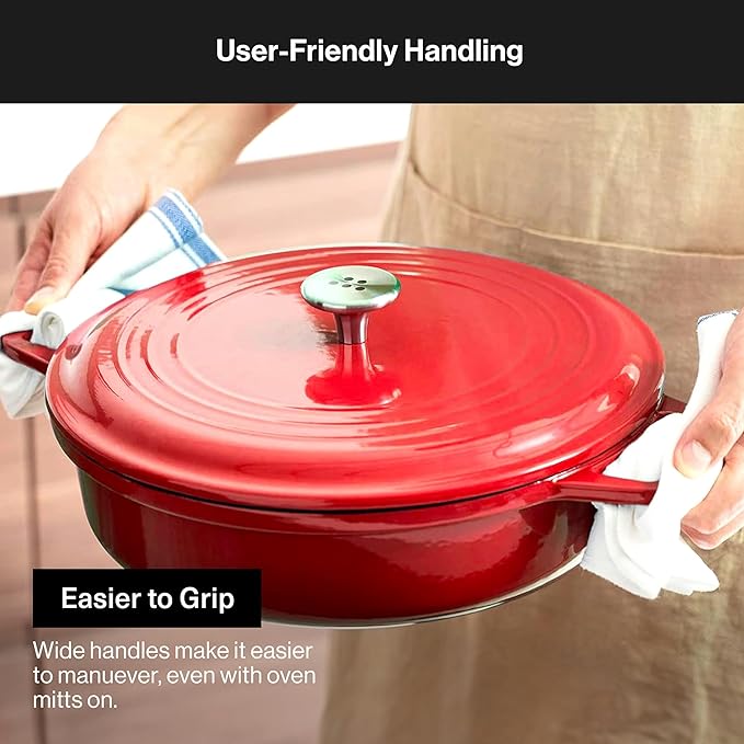 Misen 5.5 QT Braiser ??Enameled Cast Iron Pan for Searing, Braising & Slow Cooking ??No-Chip Enamel Coating ??Extra-Wide Handles ??Superior Heat Retention & Even Cooking - Red