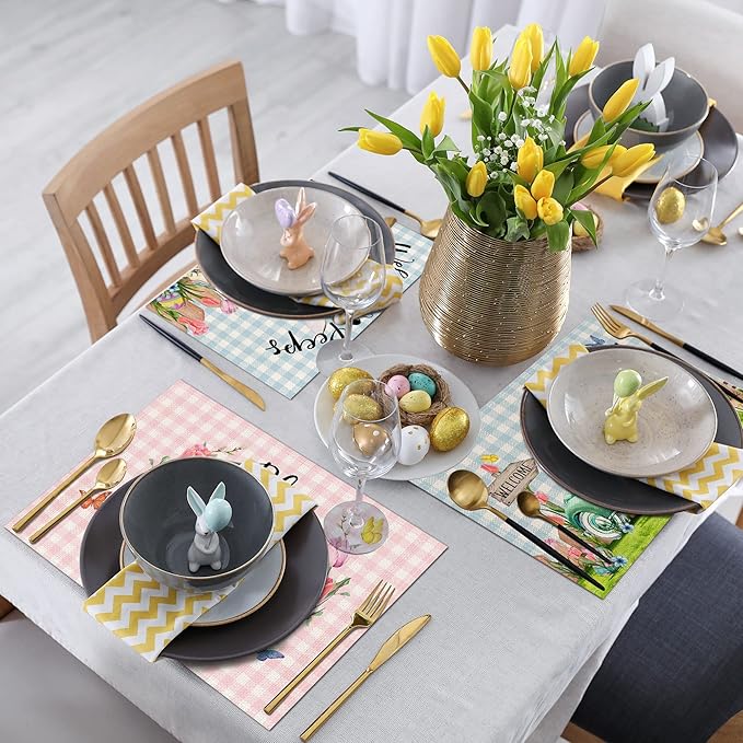 Pinata Easter Placemats Set of 4, Easter Placemats 12x18 Inch for Dining Table, Bunny Rabbit Place Mats, Farmhouse Table Decor, Rustic Table Mats