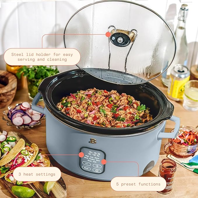 Beautiful 6 Quart Programmable Slow Cooker, 5 Cooking Presets, Digital Countdown Timer, Dishwasher Safe Parts by Drew Barrymore (Cornflower Blue)