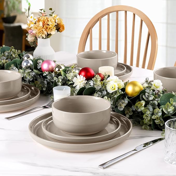 LIANYU Dinnerware Dishes Sets for 8, 24-Piece Stoneware Dinner Set, Ceramic Dining Bowls and Plates Crafted at 2400?? Scratch Resistant, Microwave & Dishwasher Safe, Milky Brown