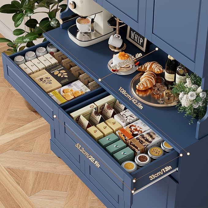 FACBOTALL 74" Pantry Cabinet, Tall Kitchen Pantry Cabinet with 6 Doors and 2 Drawers, Kitchen Hutch with Wide Countertop, Modern Kitchens Cupboard with Adjustable Shelves and Charge Holes, Blue