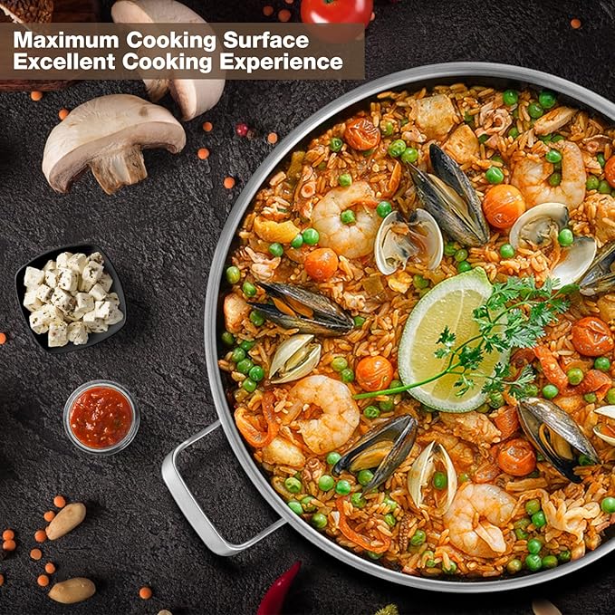 14 Inch Paella Pan with Lid, Ceramic Nonstick & Stainless Steel Induction Ready, 12-Serving Large Skillet, Oven Safe 550째F for Paella, Searing, Frying (Family Gathering & Outdoor Cooking)