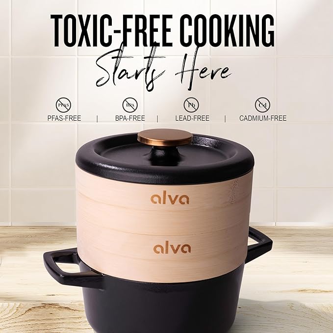 Alva Nori 2.5-Qt Enameled Cast Iron Dutch Oven Steamer Set ??Made With No PTFE/PFOA/PFAS, Oven & Induction Safe ??3-Layer Enamel, No Seasoning Needed ??Durable, Easy-Clean Cocotte with 2 Steamer Inserts