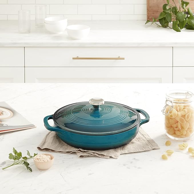 Lodge 3.6 Quart Enameled Cast Iron Covered Casserole with Lid ??Dual Handles ??Oven Safe up to 500째 F or on Stovetop - Use to Marinate, Cook, Bake, Refrigerate and Serve ??Lagoon