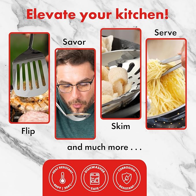 Emeril Lagasse 10-Piece Stainless Steel Utensil Set ??Premium 304 Mirror Finish Cooking Tools with Hanging Loops ??Heat Resistant, Dishwasher Safe Kitchen Gadgets for Nonstick Cookware