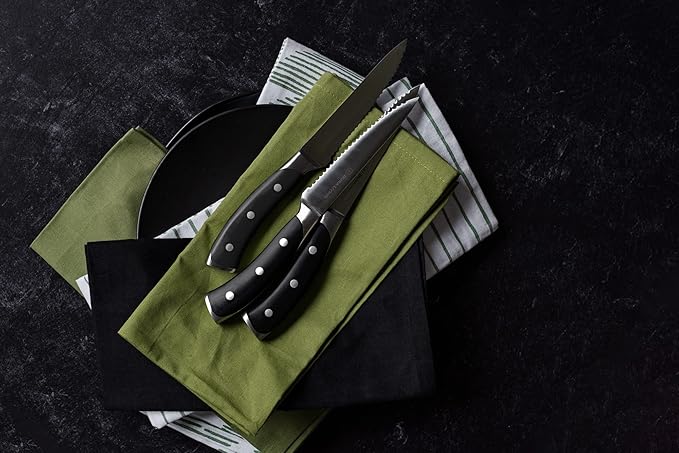 DURA LIVING 8-Piece Serrated Kitchen Steak Knife Set ??Forged High Carbon Stainless Steel, Ultra Sharp, Ergonomic Black Handles, Durable Dinner Knives, Black Handle