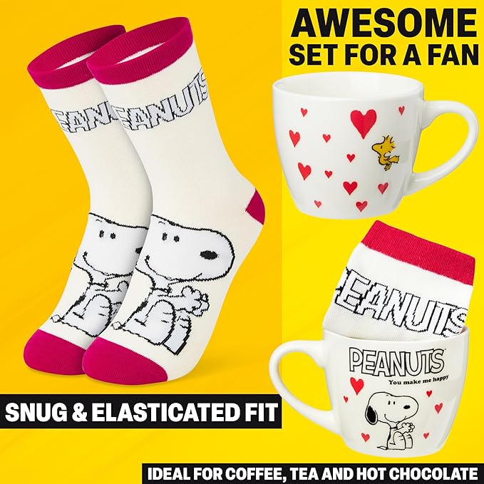 Get Trend Peanuts Snoopy Coffee Mug and Socks Set, 11.5 oz Ceramic Cup with Soft Crew Socks, Woodstock, Christmas, Secret Santa Gifts for Women (Pink Snoopy)
