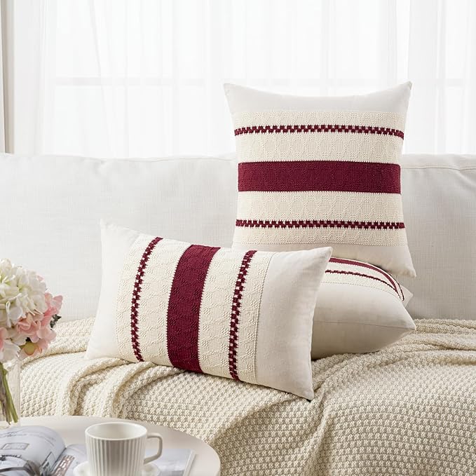 Fancy Homi Set of 2 Burgundy Boho Long Lumbar Decorative Throw Pillow Cover 14x24 Inch for Couch Bed Sofa, Aesthetic Modern Farmhouse Christmas Room Decor, Soft Cotton Cute Wind Red Cushion Case