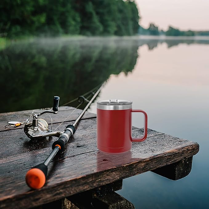Clear Water Home Goods - (Bulk Pack of 12-15 oz Double Wall Coffee Mug with Lid and Handle, Double Insulated Stainless Steel Travel Tumbler Cup - Powder Coated - Maroon