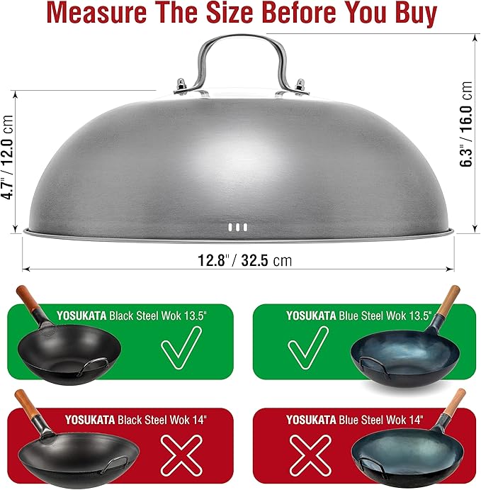 YOSUKATA Carbon Steel Wok Pan ??13,5 ??Woks and Stir Fry Pans + Wok Lid 12.8 Inch - Premium Stainless Wok Cover with Tempered Glass Insert Steam Holes and Ergonomic Handle